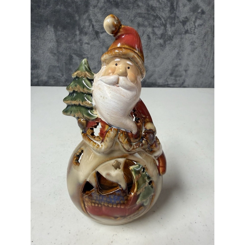Vintage Ceramic Santa Claus Tea Light Candle Holder Luminary Christmas Decor